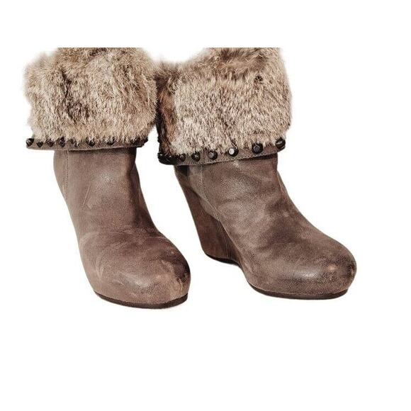 ASH Wedge Ankle Boots Women's Leather Fur Cuff Zip Studs Sz 7.5 EU 38 Gray Taupe - Picture 13 of 13